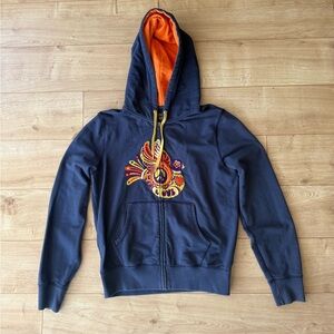 Lucky Brand Love Bird Embroidered Hoodie Thick Full Zip Navy Orange M Vintage